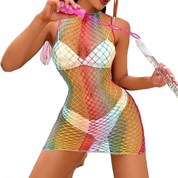 𝅺🌈 Rainbow Fishnet Stockings Mesh Lingerie Bodysuit Party Rave Boho Cosplay NWT - Picture 3 of 5